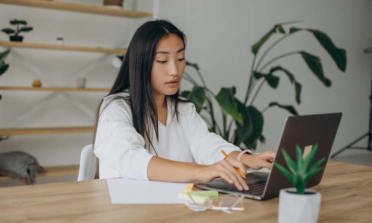 Woman Working Computer Desk From Home Min