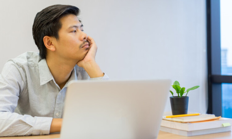Close Up Young Asian Man Feeling Bored Sleepy Desk Lifestyle Concept 42708 429