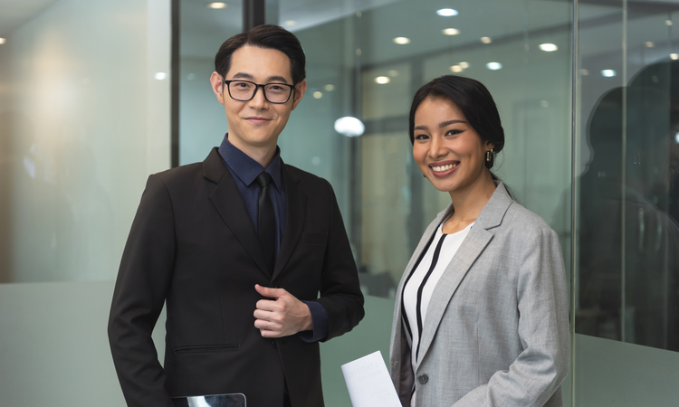 Portrait Happy Asian Business Team Office Colleagues Standing Together Boardroom