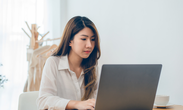Beautiful Young Smiling Asian Woman Working Laptop While Home Office Work Space